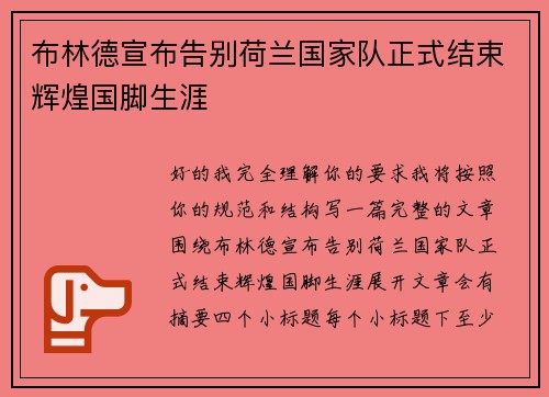 布林德宣布告别荷兰国家队正式结束辉煌国脚生涯