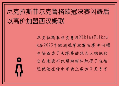 尼克拉斯菲尔克鲁格欧冠决赛闪耀后以高价加盟西汉姆联 尼克拉斯菲尔克鲁格欧冠决赛闪耀后以高价加盟西汉姆联